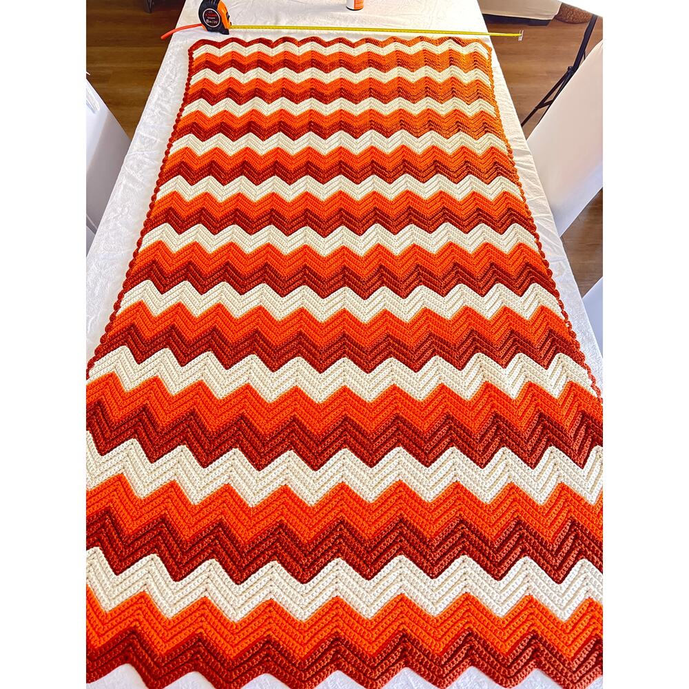 Handmade Zigzag Crochet Afghan Orange and Cream Blanket